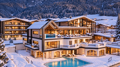 Modernes Alpenhotel mit Außenpool im Schnee vor verschneiten Bergen bei Sonnenuntergang