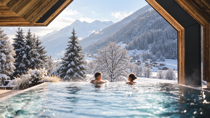 Paar im Außenpool mit Blick auf ein verschneites Alpendorf und Berge