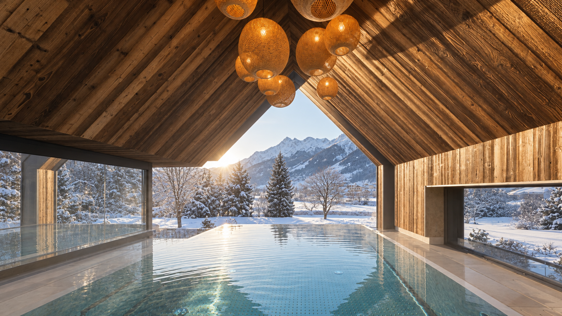 Innenpool mit Holzdecke und Blick auf verschneite Berge