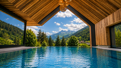 Innenpool mit Holzdecke und Blick auf Berge und Wald bei Sonnenschein