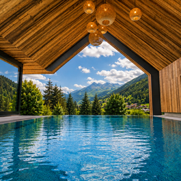 Innenpool mit Holzdecke und Blick auf Berge und Wald bei Sonnenschein