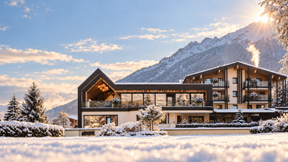 Modernes Berghotel in verschneiter Alpenlandschaft im warmen Morgenlicht