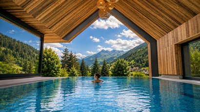 Person schwimmt in Pool mit Blick auf Berge und Wald unter Holzdecke