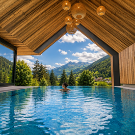 Person schwimmt in Pool mit Blick auf Berge und Wald unter Holzdecke