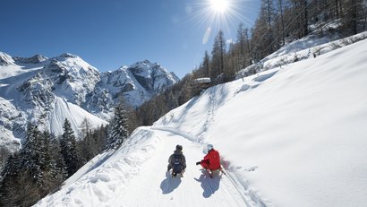 Zwei Personen rodeln auf verschneitem Bergweg bei Sonnenschein