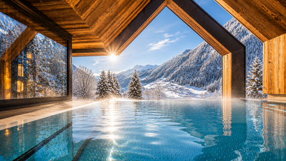 Pool mit Blick auf verschneite Berge unter einer offenen Holzkonstruktion