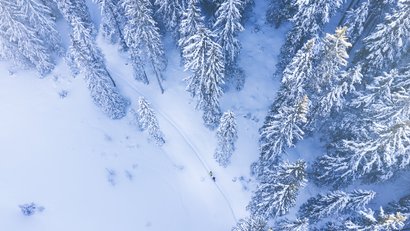 Winterliche verschneite Landschaft mit zwei Personen auf einem Pfad im Wald