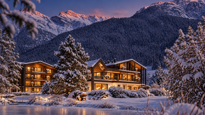 Beleuchtete Chalets an einem zugefrorenen Teich vor schneebedeckten Bergen in der Abenddämmerung