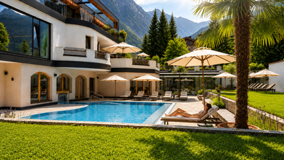 Hotelpool mit Liegestühlen, Sonnenschirmen und Bergen im Hintergrund