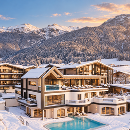 Modernes Alpenresort mit Außenpools vor verschneiten Bergen im Abendlicht