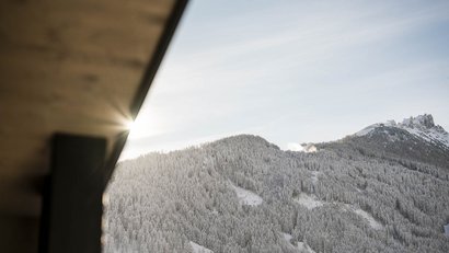 Sonnenschein über schneebedecktem Bergwald mit Berggipfeln im Hintergrund