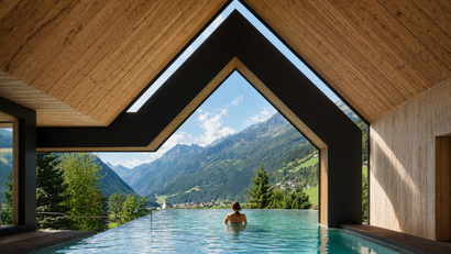 Person im Infinity-Pool mit Bergblick und Holzarchitektur