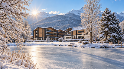 Modernes Hotel an einem zugefrorenen Teich vor verschneiten Bergen im Winterlicht