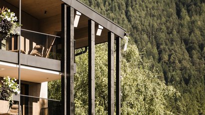 Modernes Haus mit Balkon vor bewaldetem Berg und Blumen im Vordergrund