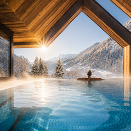 Person im warmen Pool mit Blick auf verschneite Berge durch eine Holzkonstruktion