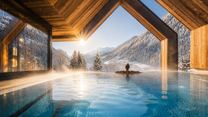 Person im warmen Pool mit Blick auf verschneite Berge durch eine Holzkonstruktion