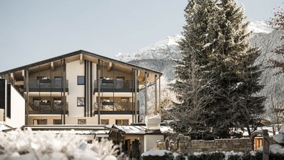 Modernes Haus mit Balkonen vor verschneiten Bergen und Tannenbaum