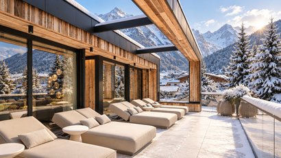 Moderne Holzterrasse mit Liegen und Blick auf verschneite Berge